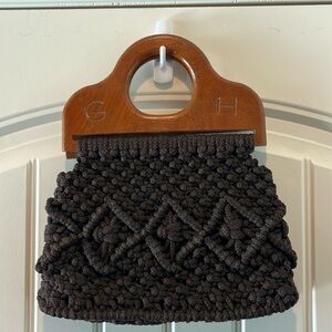 Beautiful Handmade vintage dark
brown macramé wooden handle handbag purse